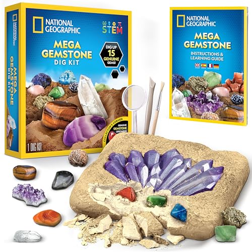NATIONAL GEOGRAPHIC Mega Gemstone Dig Kit Gemstones and Crystals Digging Kit Science Kit for Kids Gift for Girls and Boys Gems Rock Collection