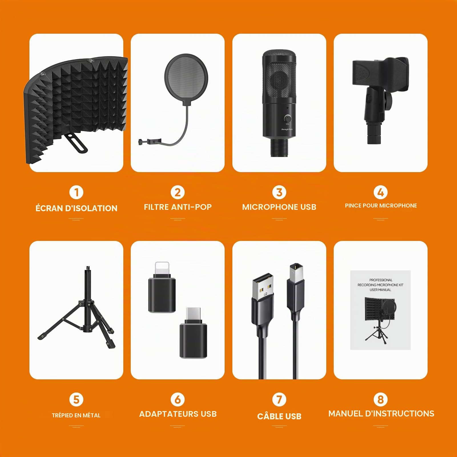 Microphone Studio d’Enregistrement avec Bouclier d’Isolation, Filtre Anti-Pop et Support Trépied Métal, Micro pour PC, Ordinateur Portable, Smartphone, Musique, Chant, Podcast