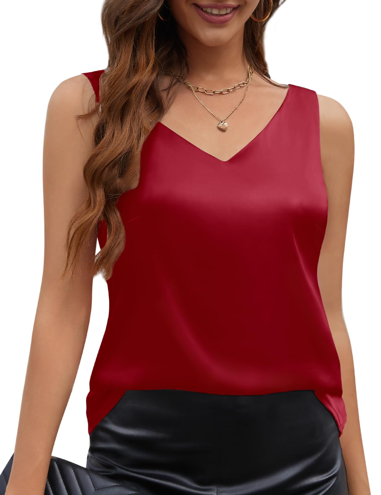 CMTOP Camiseta Sin Mangas para Mujer Camisa Tirantes Cuello en V Satén Camisetas Camisole Top Elegante Sexy Blusa Shirt Casual Cami Tank Tops
