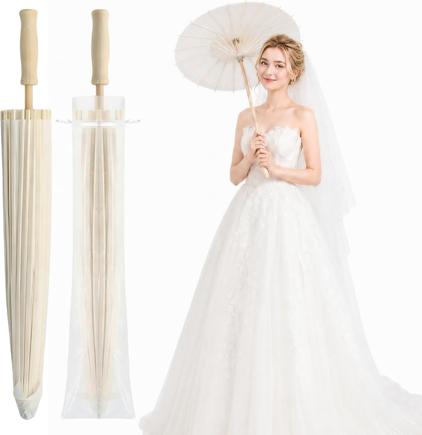 White Paper Umbrellas Parasols with Organza Bags,Chinese Japanese Parasol Asian Oiled Paper Umbrella DIY Photo Props,for Wedding Bridal Showers Garden Tea Party Decorations
