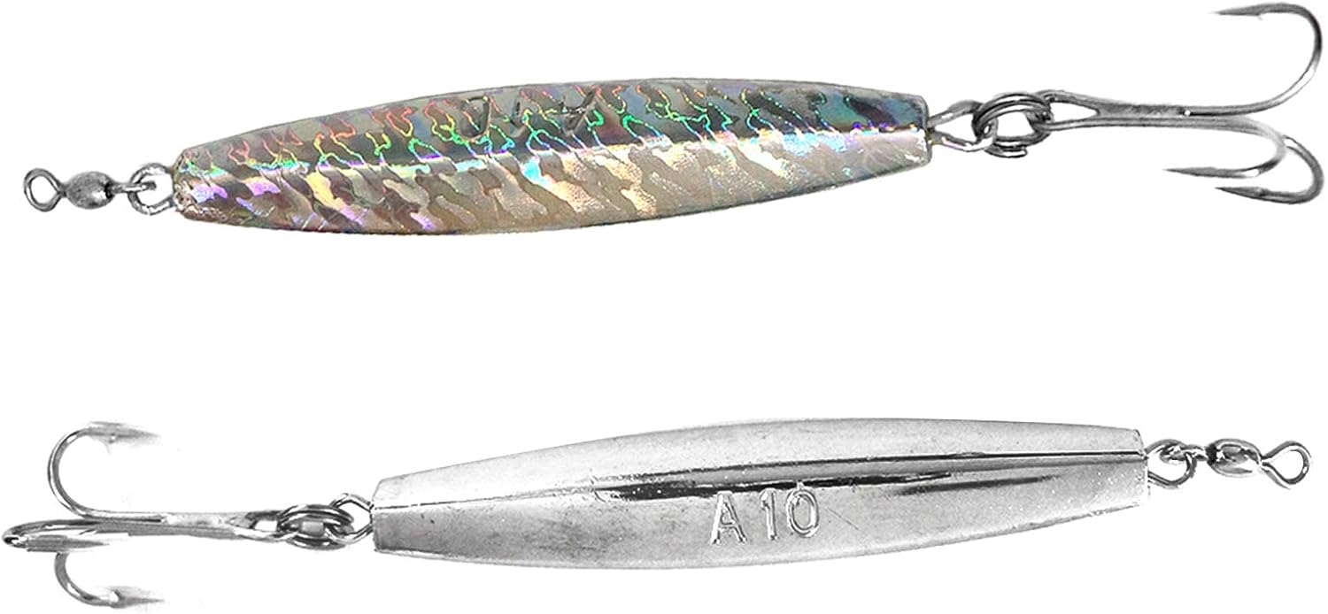 2pcs Fish WOW!® Fishing 10oz Mylar Holographic Laser jigs + Diamond Jigs Chrome Silver jig with a Treble Hook Nickel Finish Saltwater