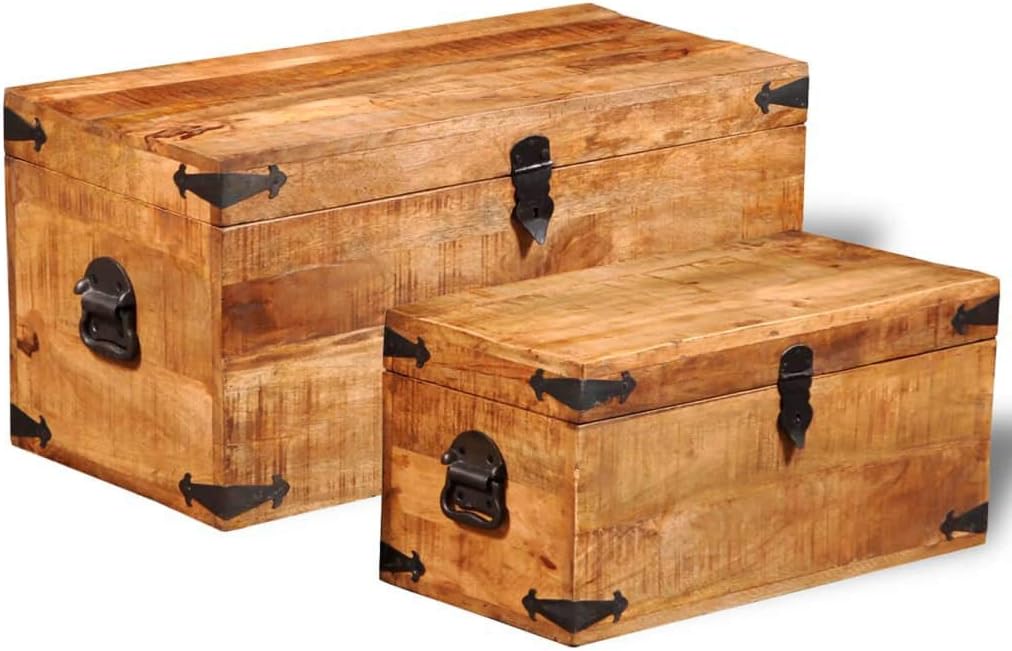 vidaXL Set of 2 Mango Wood Blanket Toy Storage Chests Boxes Trunks Home Decor