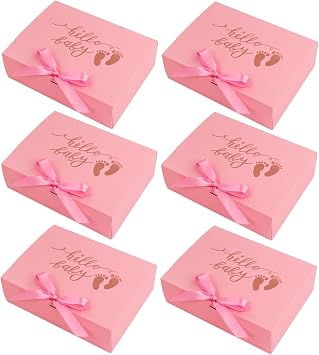 6PCS Baby Girl Gift Box with Ribbon Pink Keepsake Box with Gold Foil Hello Baby Footprints Favor Packaging Large Cardboard Gift Box for Baby Girl Shower Newborn Party First Birthday Welcome Christening Gifts