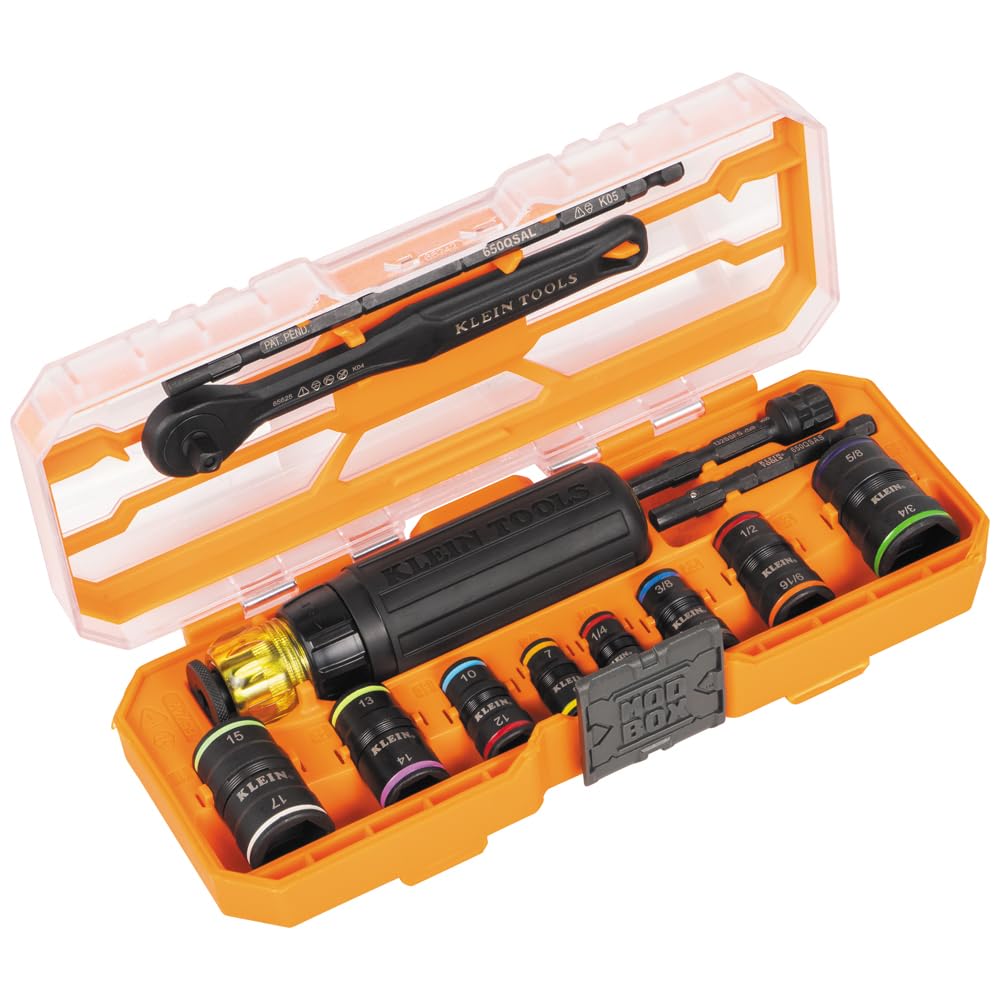 Klein Tools 65242 Zestaw nasadek udarowych KNECT, zestaw wkrętaków zapadkowych, napęd 1/4-calowy, SAE i metryczne gniazda z klapką, 16 rozmiarów sześciokątnych, adaptery, obudowa MODbox
