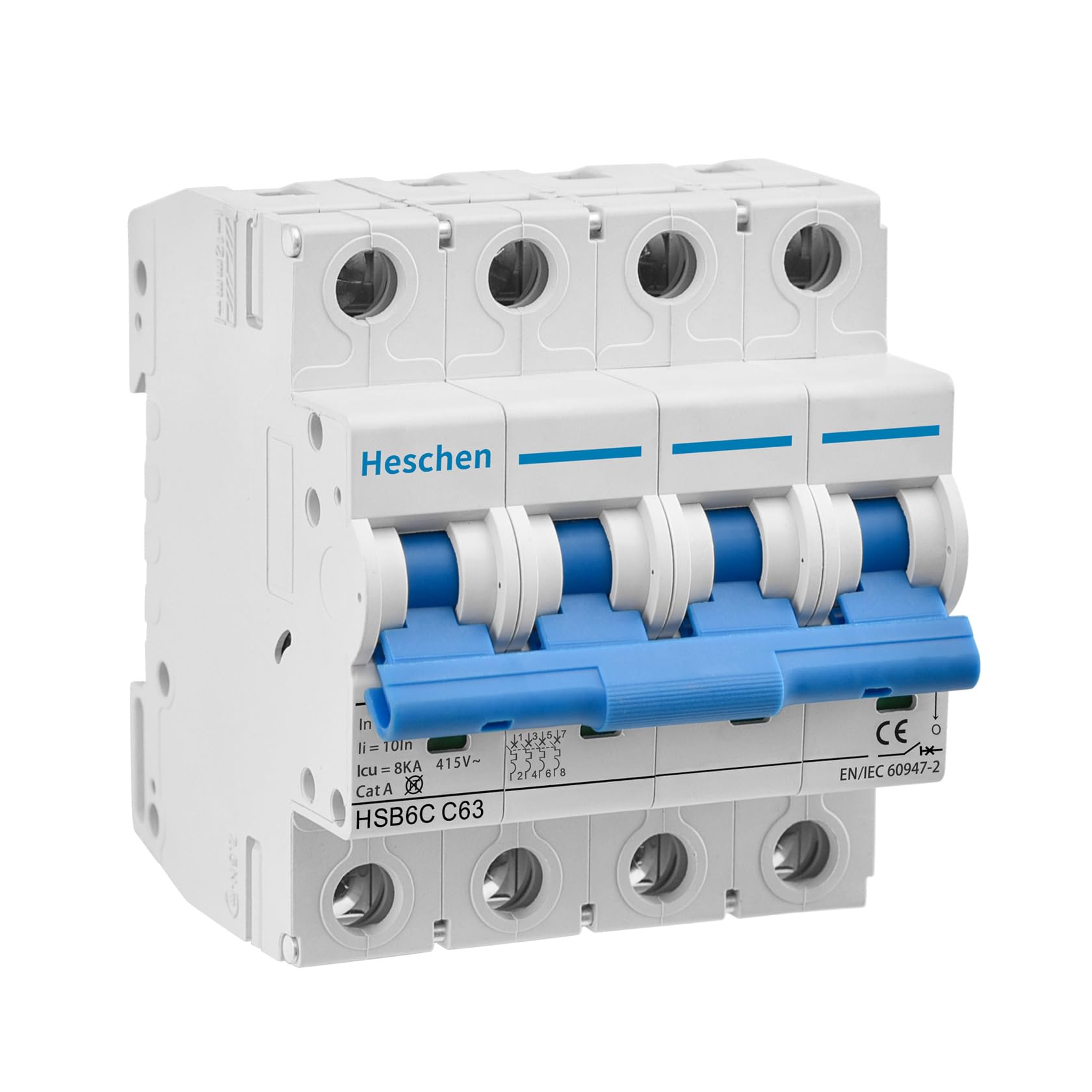 Heschen Disyuntor miniatura HSB6C, corriente de 63 Amp, 4 polos, tipo C, capacidad de rotura de 6kA, montaje en carril DIN