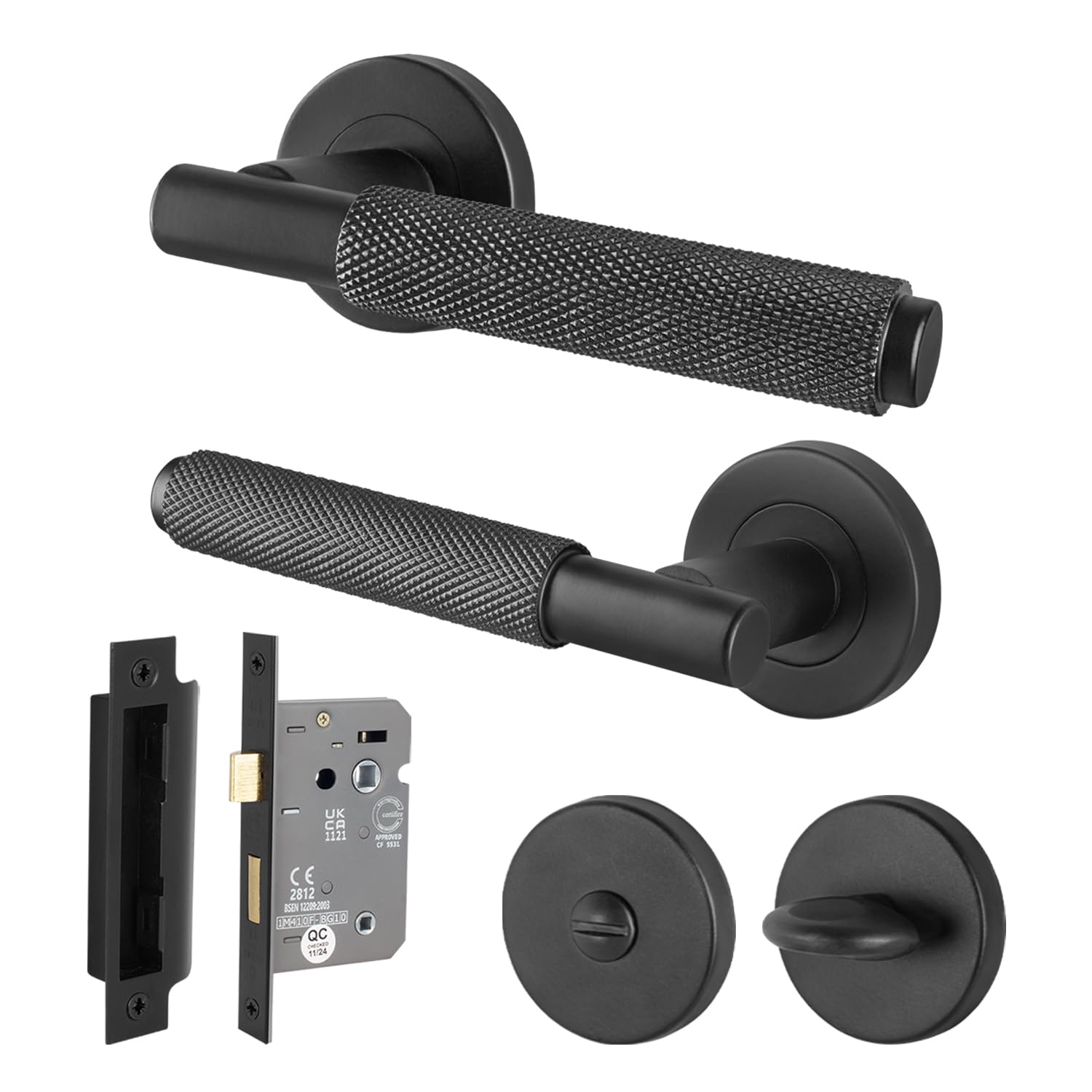 EAI Black Knurled Door Handle Bathroom Set, 1 Pair of Internal Matt Black Round Rose Door Handles and Lock 64mm - Dolton Range