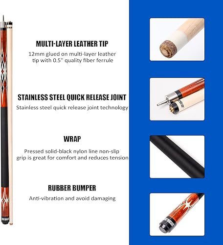 Miniatura 2 de GSE Games & Sports Expert Tacos de billar de madera dura de arce canadiense de 2 piezas de 58 pulgadas para hombresmujeres, uso doméstico o