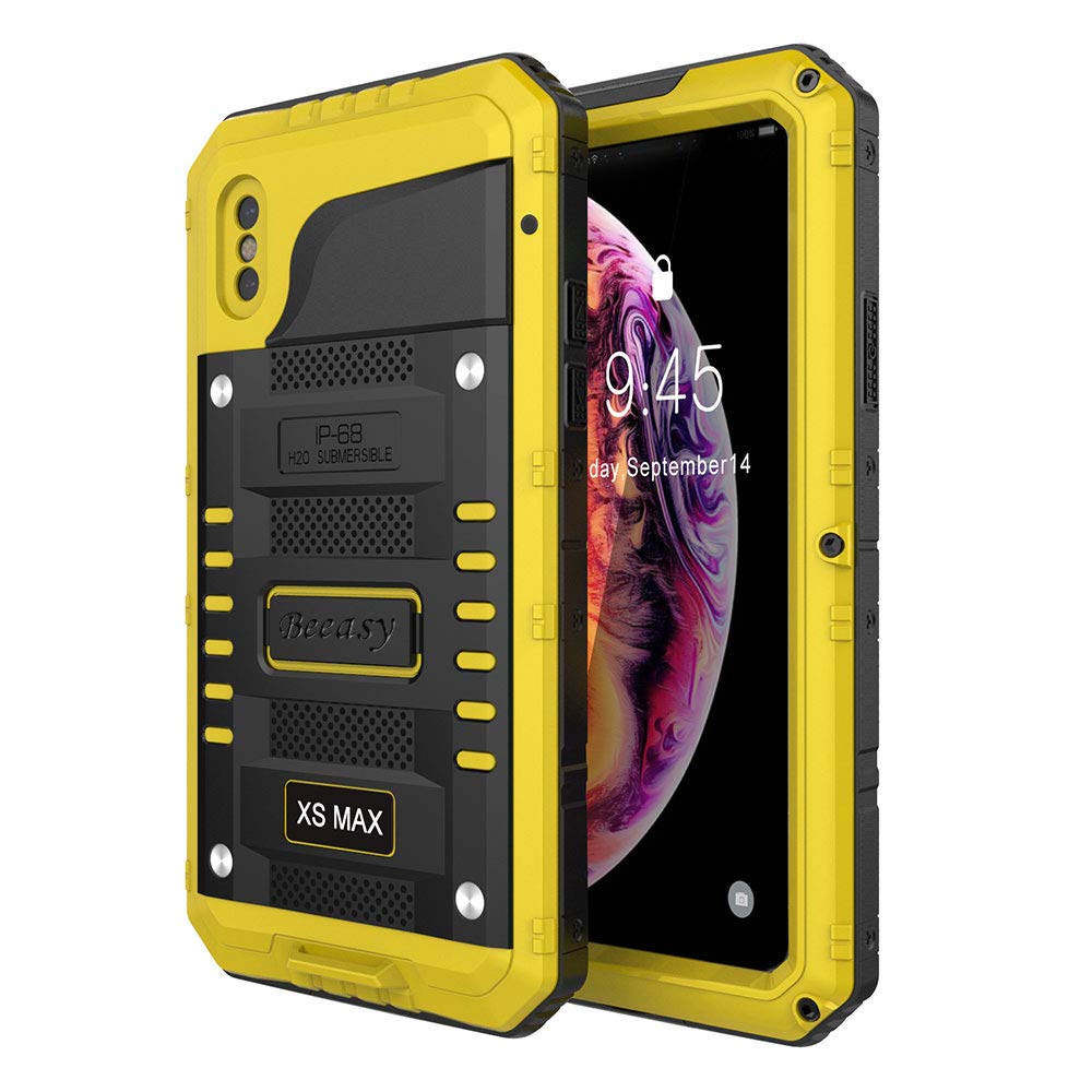 Beeasy Case for iPhone XS Max,Tough Waterproof Heavy Duty Metal Defender Cover with Built-in Screen Military Grade Protective,Drop Proof Shockproof Rugged Hybrid Outdoor Sport Protection,Yellow