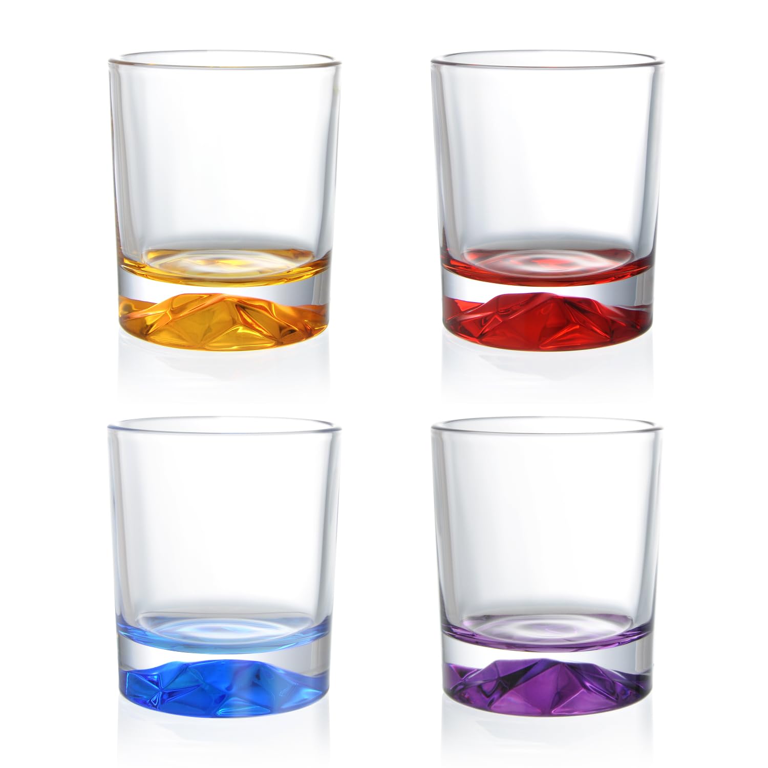 inmute Mesa - Vasos dobles antiguos para bar en casa, juego de 4 vasos de 8.5 onzas con base de montaña de colores, juego de 4, vasos de rocas y vasos de whisky para bourbon, escocés