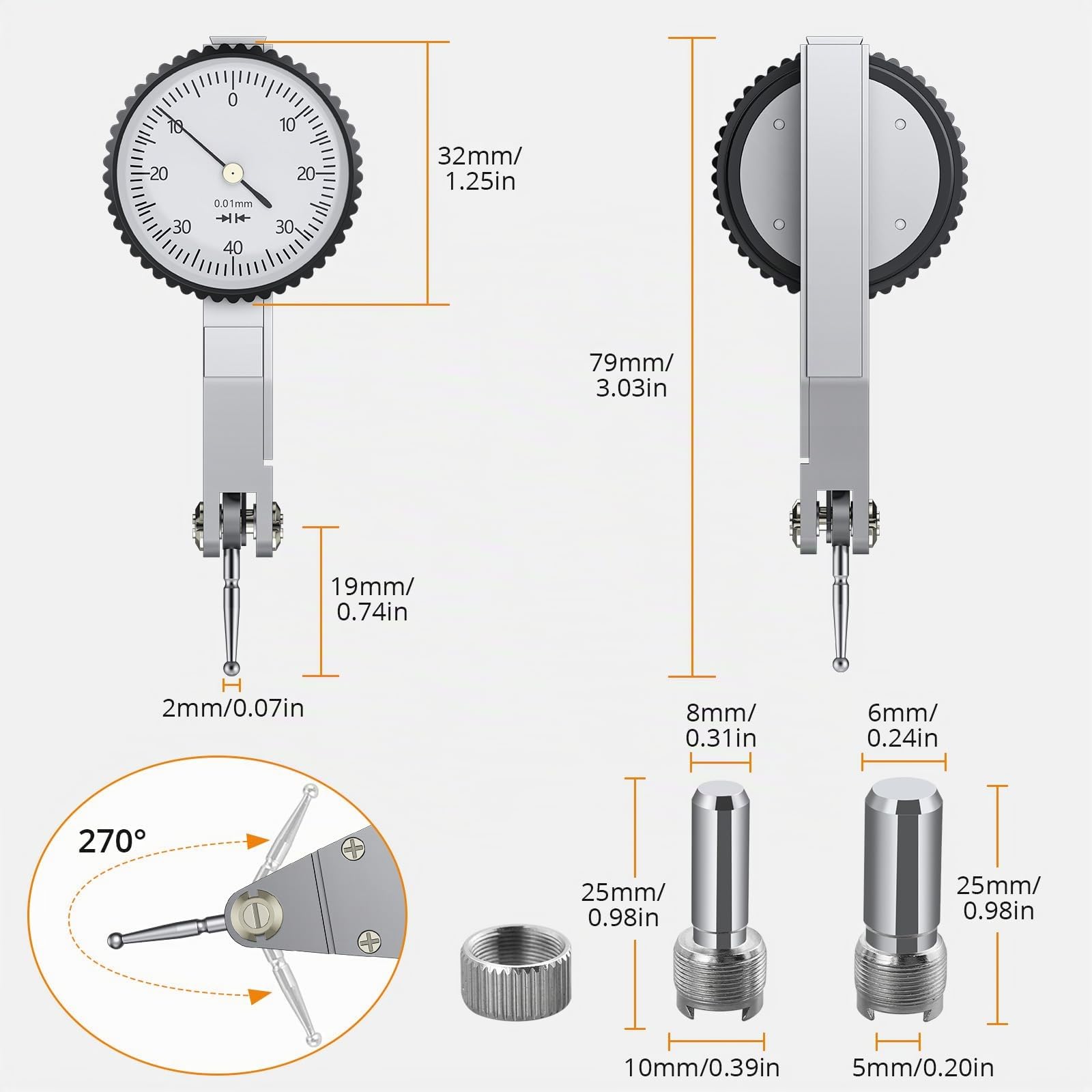 Neoteck Indicateur de Test Cadran Jauge 0-0.8mm avec Base Magnétique Comparateur à Levier avec Sonde 270° Rotation Base d'Indicateur à Cadran Magnétique Réglable pour Comparateur à Cadran