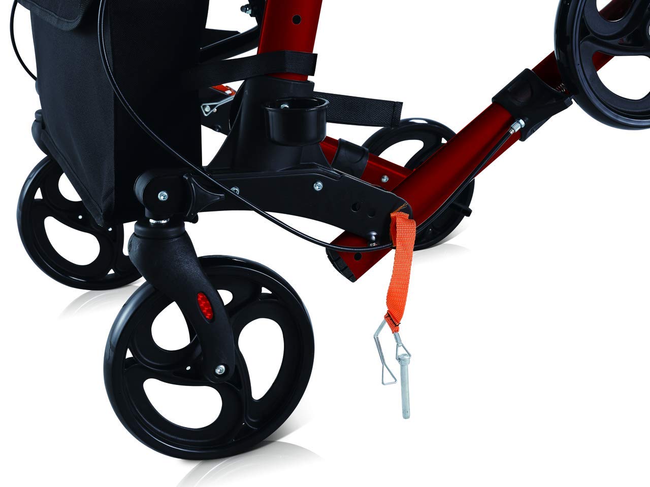 GIMA Deambulatore Compact, Pieghevole e Regolabile in Altezza, Telaio in Alluminio Leggero, Sedile, Schienale, Tracolla Removibile, Portabastone, Freni ad Anello Autobloccanti, Rosso