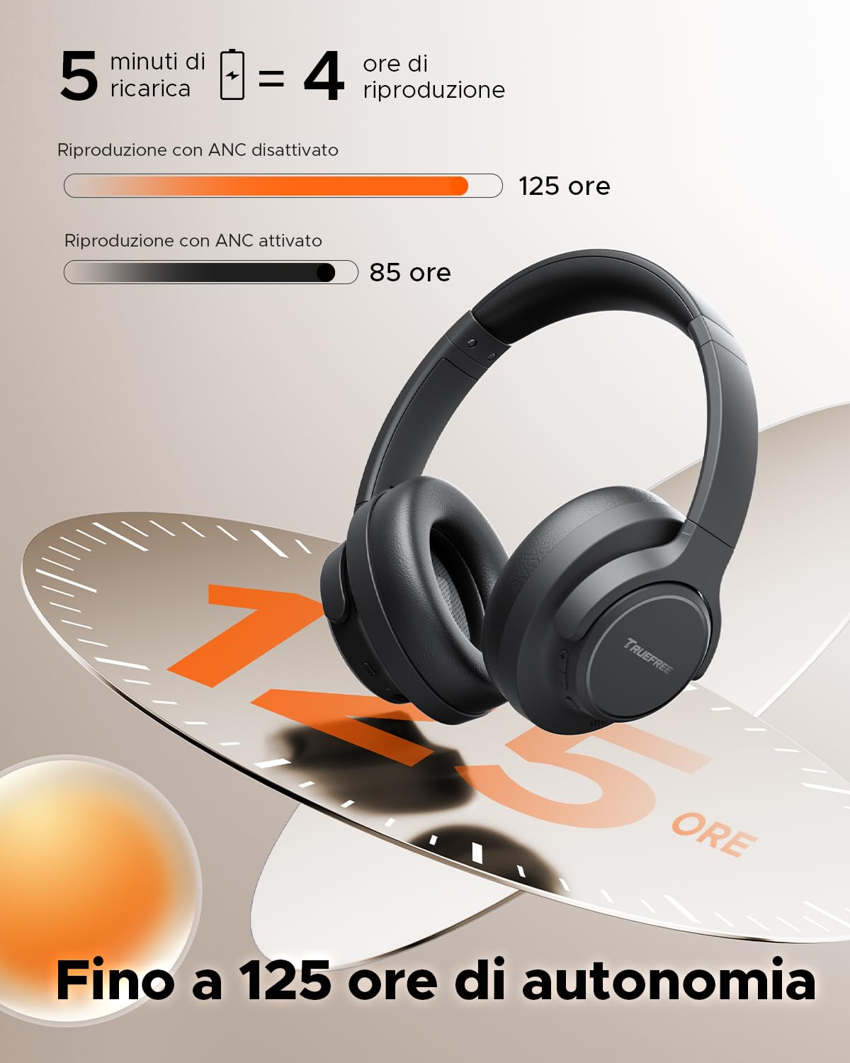 truefree HF10 Cuffie Wireless con ANC Ibrida, Over-Ear Bluetooth 6.0, 125 Ore Autonomia, Audio Spaziale, Bassi Profondi, EQ Personalizzabile via App, Doppia Connessione