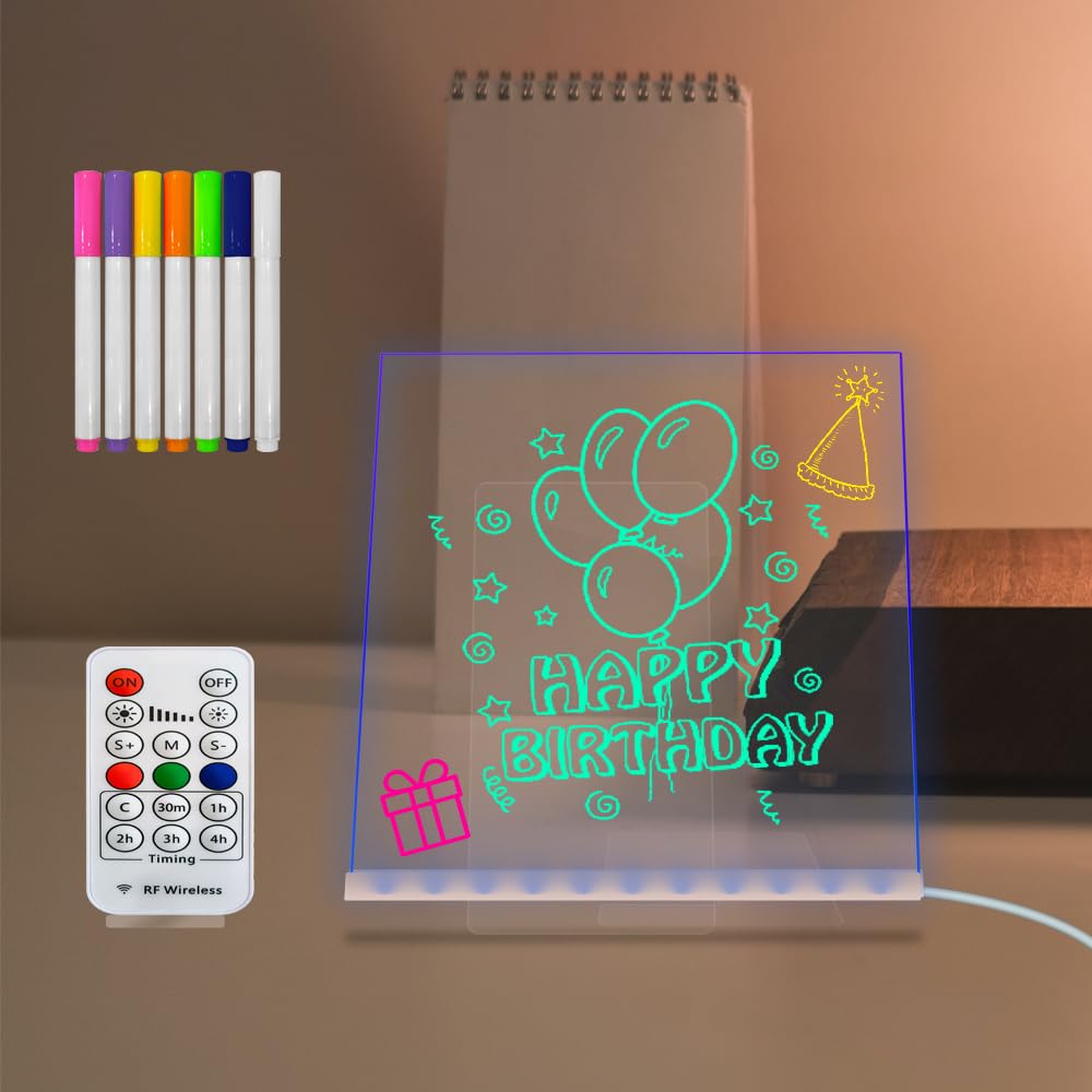 Creative LED Message Note Board Night Light 7 Color Change Flash Dimming with Remote Control Auto-Off Timed Brightness Adjustable USB Erasable 7.95×7.83 Inch Whiteboard Desktop Bedside Lamp for Kid