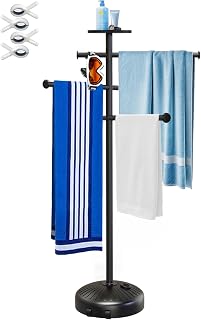 Semoprus 63-Inch Pool Towel Rack with Wheels, Storage Tray & 6 Adjustable Bars - Portable Hot Tub Spa Holder