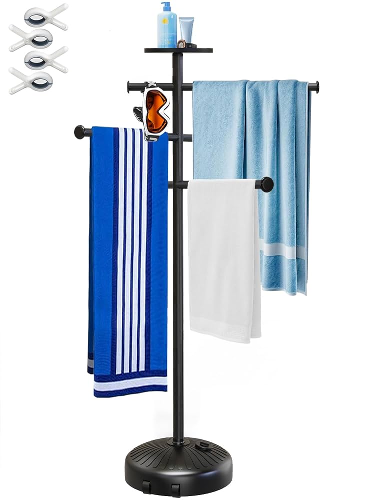 Pool Towel Rack with Wheels for Indoor Outdoor Use, 63 Inch Towel Holder with Storage Tray, 6 Adjustable Bars Hot Tub Accessories, Free Standing Towel Rack for Pool, Spa, Hot Tub