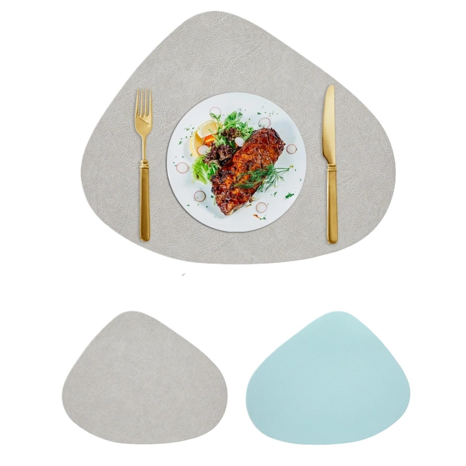 Placemats Leather Placemat,Teardrop Shape Cowhide Texture Double-Sided Non-Slip Nordic Style Place Mat Waterproof Resistant(Grey-sky a)