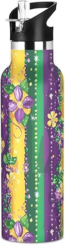 Mardi Gras Carnival Beads Jewel Floats - Botellas de agua con aislamiento al vacío de doble pared con pajitas, a prueba de fugas, sin BPA, a prueba