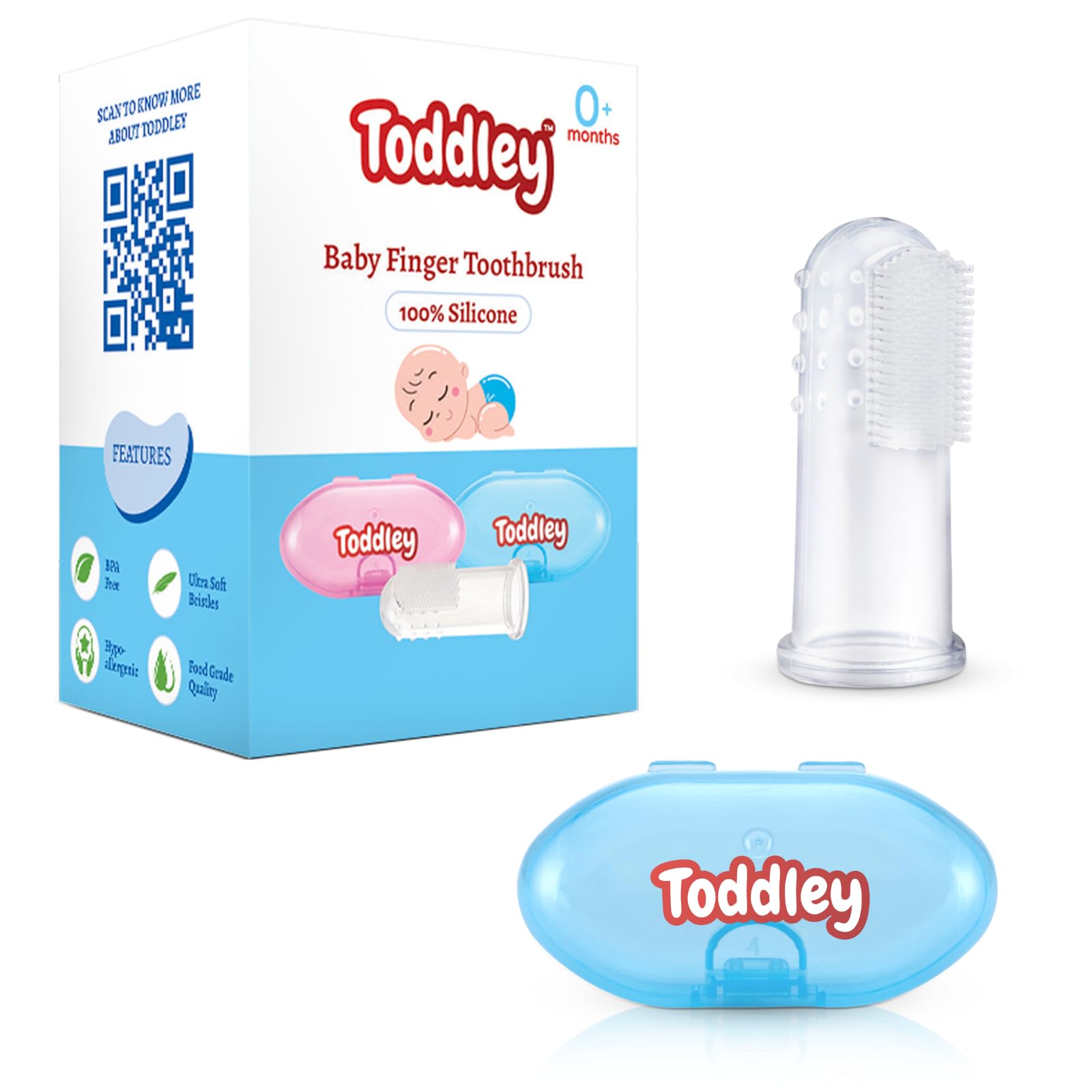 Toddley Baby Silicone Finger Brush with Super Soft Bristles and Storage Case for Easy Teeth/Gum Cleaning of Babies/Kids For 3+ Month Baby(Blue) Pack of 1, Manual
