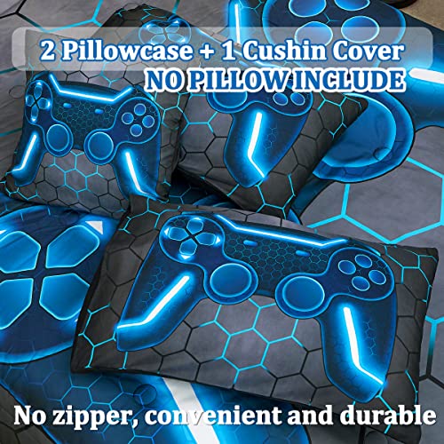 Image of Game Console Blue Comforter Set with Sheets, 6 Pcs Bed in A Bag Geometric Lightweight Boys Full Size Bedding Set for Kids Teens