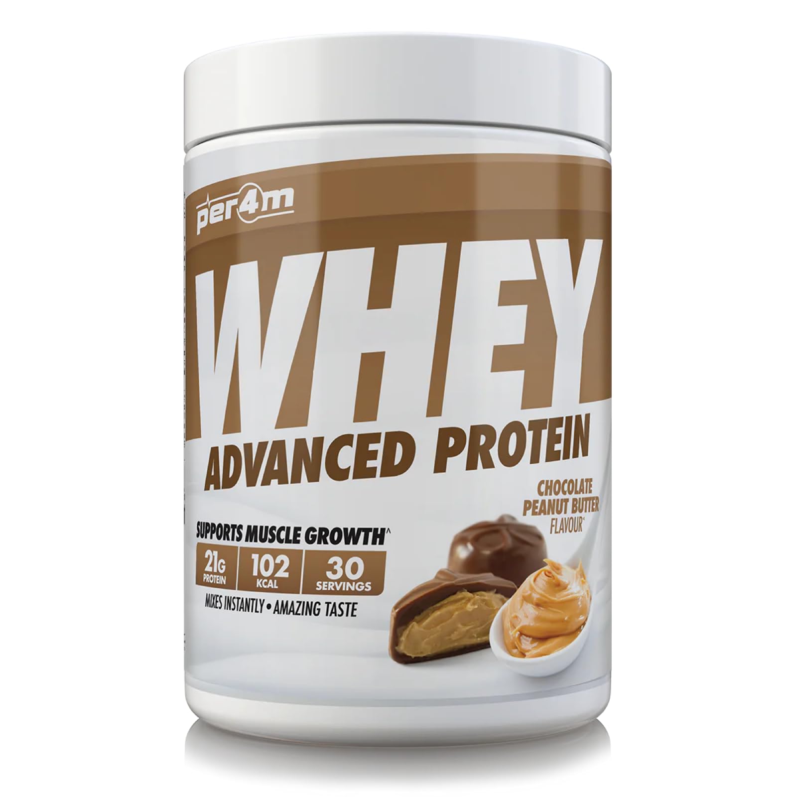 per4mWhey Protein Powder | High Protein Shake for Muscle Growth & Recovery | Low Sugar Gym Supplement | Sports Nutrition Drink + Amino Acids (900g, Chocolate Peanut Butter)