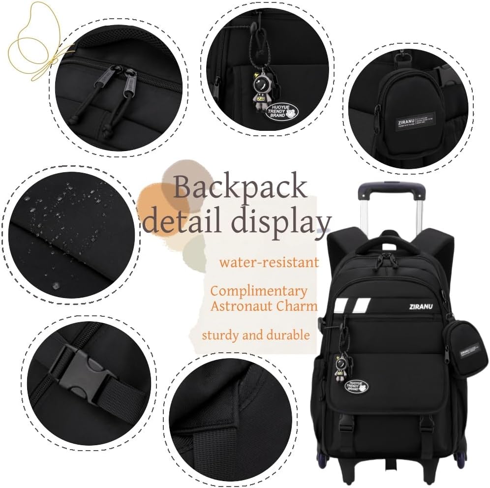 EKUIZAI Boys Rolling Backpack for School Kids Wheeled Bookbag Backpack with Wheels Trolley School Bags for Teen Boys - Image 4