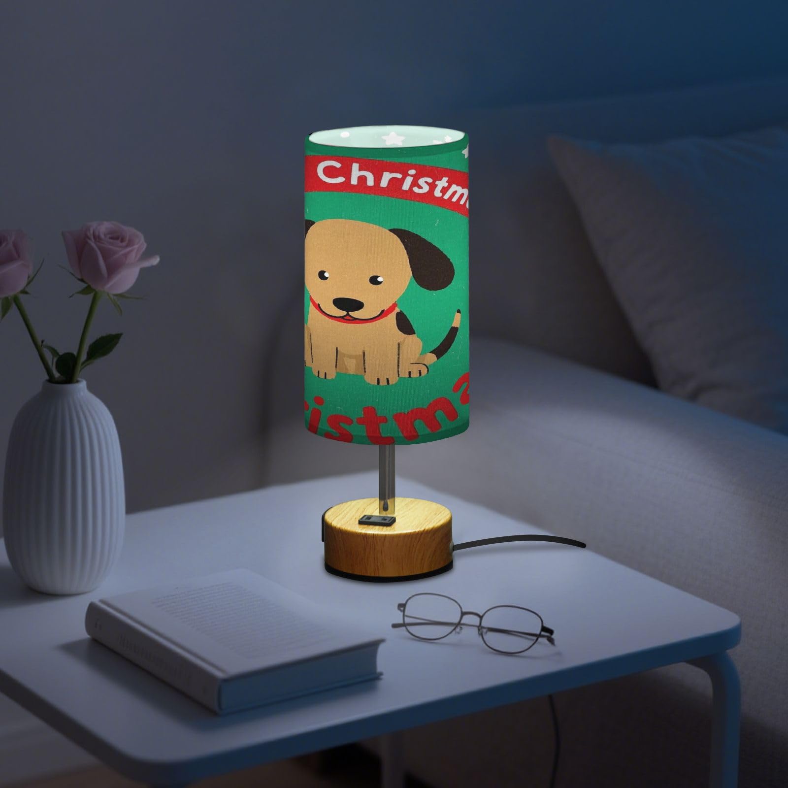 Wesołych Świąt kreskówka brązowa lampa stołowa dla psa 3-kierunkowa ściemniana lampa dotykowa z abażurem z tkaniny 3 temperatury barwowe do pokoju dziecięcego