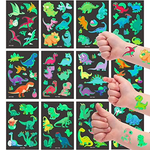 AIRNOGO TattoosKids 12 Sheets Dinosaur Temporary TattoosKids Glow in the Dark Fake Tattoos Waterproof & Skin Friendly Kids Tattoos Sticker Kit Kids Flash Make Up Tattoos Party Bag FillersKids