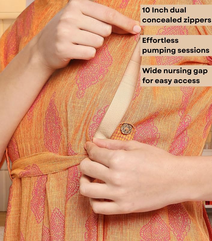 Image of DUMMY SHAPE Maternity Dresses for Women Cotton Rayon | Peach Printed Feeding Flare Kurta with Dual Nursing Zippers to Breastfeeding | Pre & Post Pregnancy | Gift for Pregnant Woman (D-M-P055 XL)