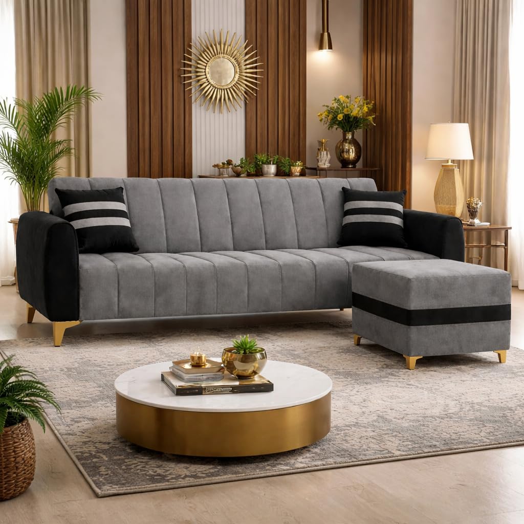 RYTHMN Dual Tone Plush Velvet 3 Seater Sofa Set with Ottoman | Silken Velvet Suede Upholstery | Golden Metal Legs | Designer Sofa for Living Rooms & Office Spaces (Black & Light Grey)-image-43