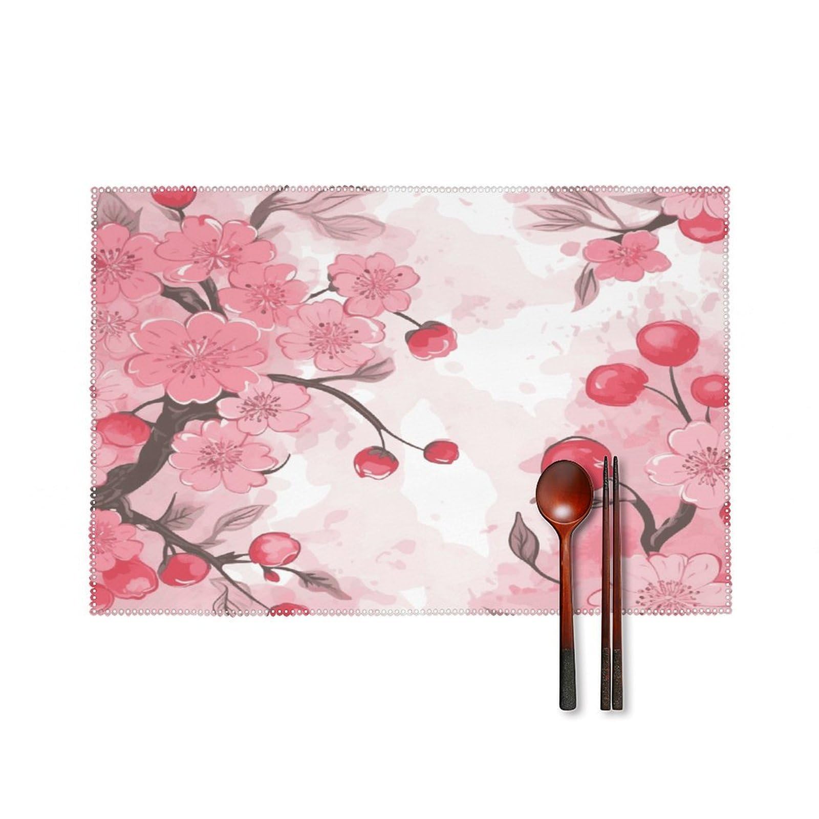 Pink Cherry Floral Placemats Set of 6 Heat-Resistant Washable Place Mats Wipeable Kitchen Placemat Easy to Clean for Indoor Outdoor Party Kitchen Decoration