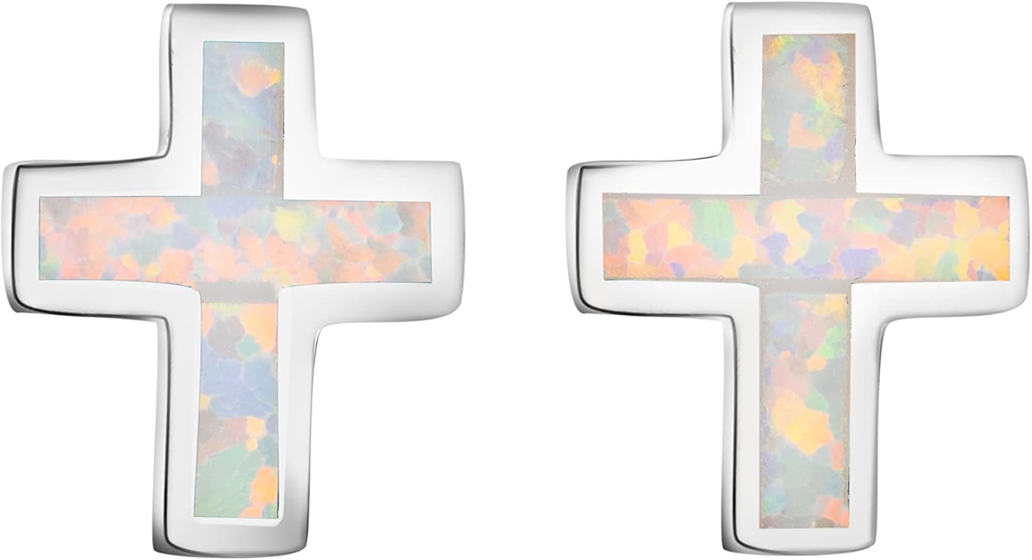 925 Sterling Silver Holy Cross Studs Earrings, Blue White Opal, Mother of Pearl, Nickel Free Hypoallergenic for Sensitive Skin, God Jesus Lord Hope, Gift Box Included