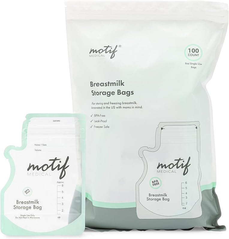 Motif Medical Breastmilk Storage Bags, 100 Count | 100-Pack Of 6oz Freezer Bags - Convenient Easy-Pour Spout - Leakproof Double Zipper - Write-On Label