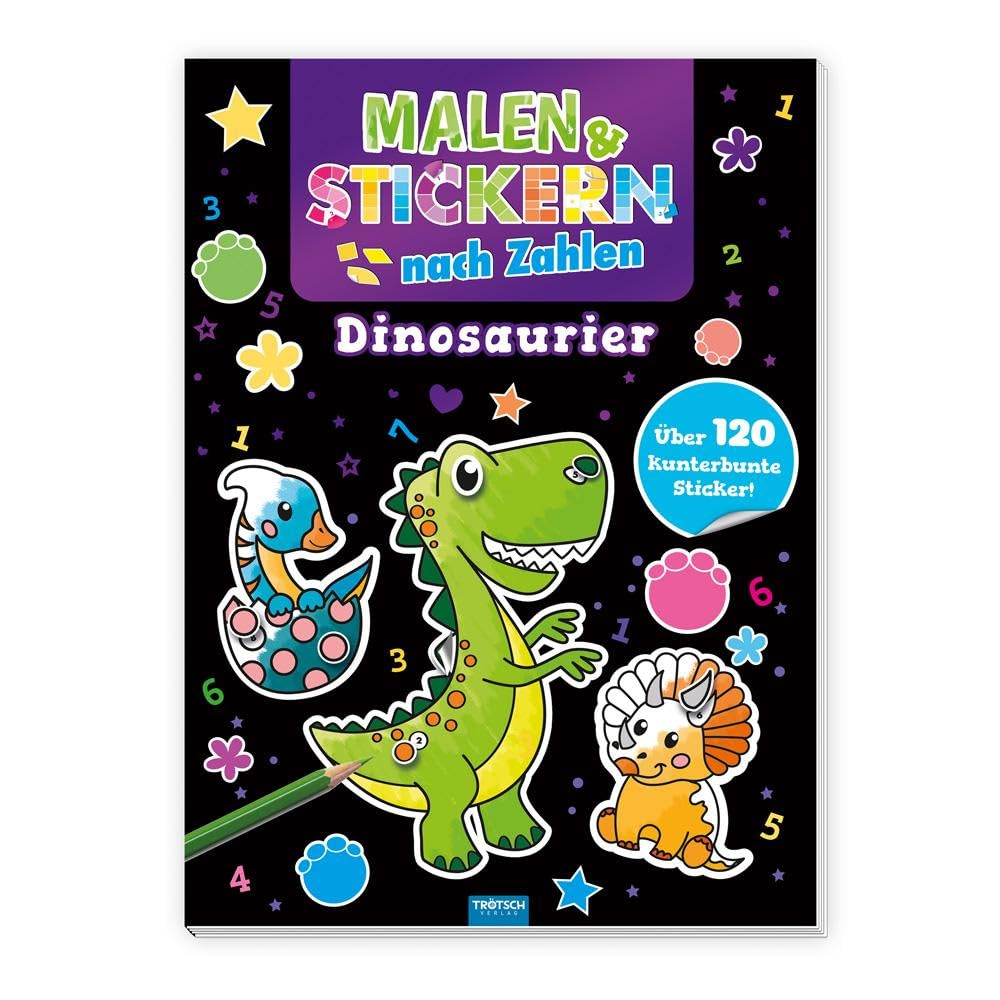 TRÖTSCH Malen & Stickern nach Zahlen Dinosaurier | Malbuch mit 120 Stickern und Dino-Vorlagen zum Ausmalen
