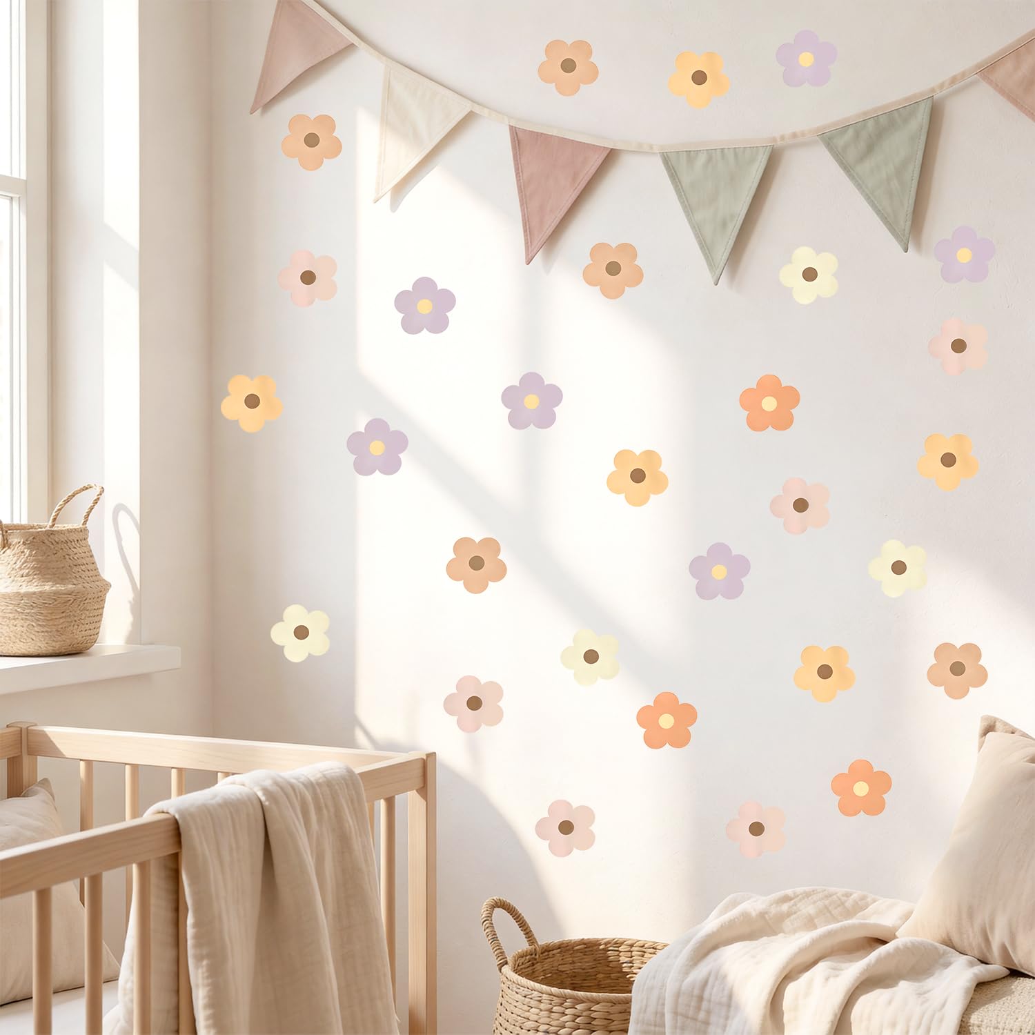 Flower Wall Stickers, 6 Sheets Boho Wall Sticker Nursery and Girls Bedroom Wall Decor for Kids Bedrooms Living Room Kindergarten Classroom Window Wall Decor