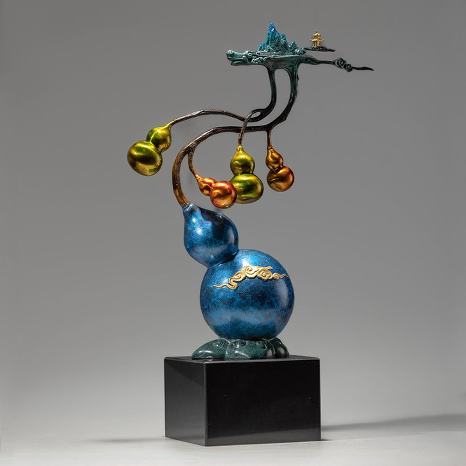 Ozdoba z kolorowej miedzianej tykwy Nowa rzeźba z mosiądzu w stylu chińskim | Statua bogactwa Feng Shui do salonu, przedpokoju, konsoli i domowego biura (43 x 17 x 61 cm)