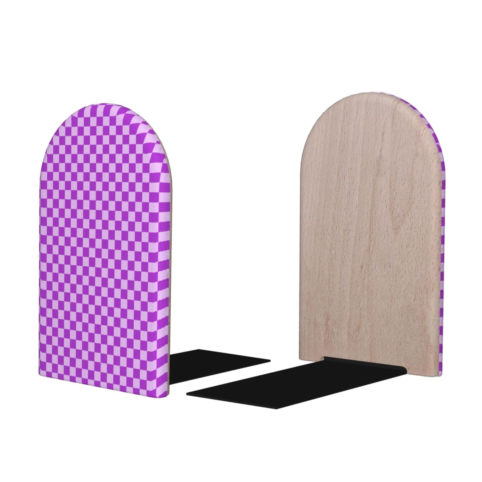 Purple Lilac Checkered Print BookEnds 1 Pair, Decorative Bookends for Heavy Books, Wood Book Ends for Shelves, Book Organizer for Home Desk Office Supplies