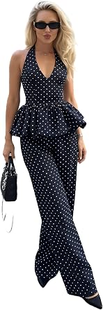 Two Piece Skirt Set for Women Retro Sleeveless Halter Top Long Trousers Polka Dot Matching Summer Outfit Casual