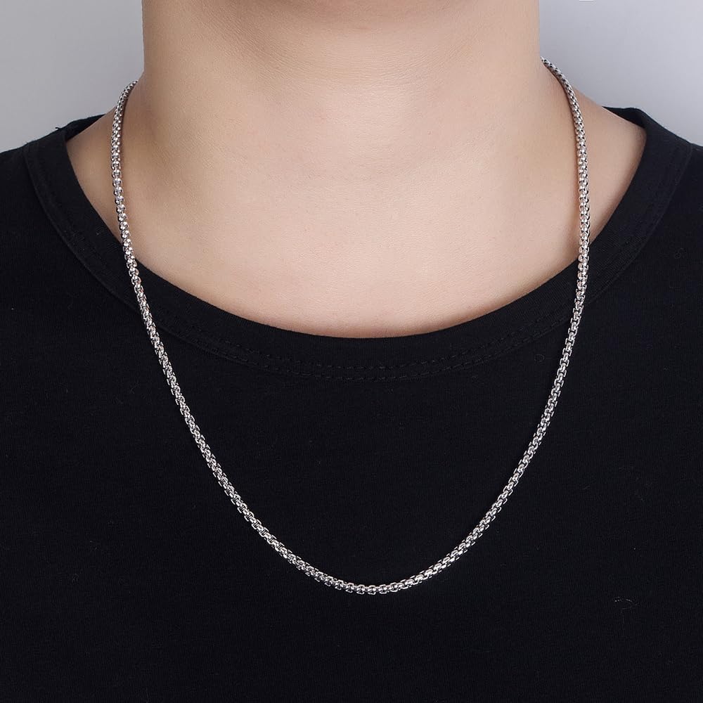 Dankadi - Collar fino de 3 mm en plata 925, cadena Rolo Fine 16" 17" 18" 19" 20" 22" 24" 26" 28" 30" para colgante de eslabones de caja redonda cuadrada, diseño italiano joyas para hombre mujer