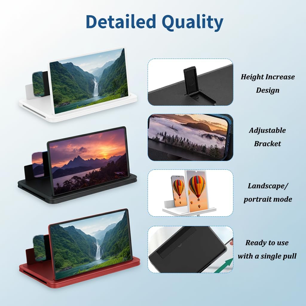 Screen Magnifier for Cell Phone with Adjustable Stand, Foldable Phone Screen Magnifier for Movies & Videos, Hands-Free Viewing, Compatible with All Smartphones (Black, 10'')