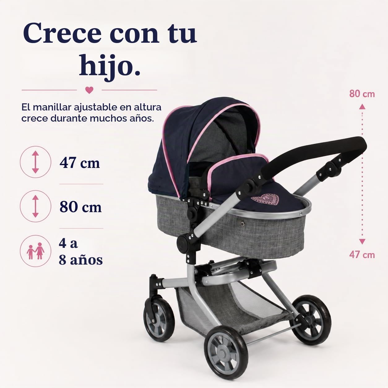 Bayer Chic 2000-59526 - Cochecito de muñecas Mika, 2 en 1 para niños de 4 a 8 años, Color Gris Marino, 47 cm-80 cm