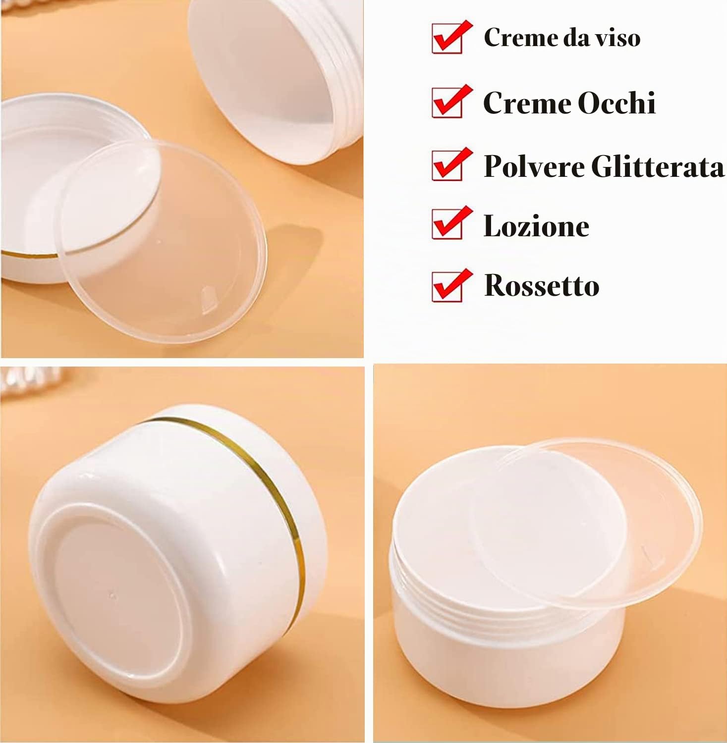 24 Pezzi 100 g Bianco Contenitori Cosmetici Plastica, 100 ml Crema Barattoli Vasetto Vuoto di Bordo Oro, Imbottitura interna, per Stoccaggio di Viaggi, Maschera, Cream gli occhi, DIY