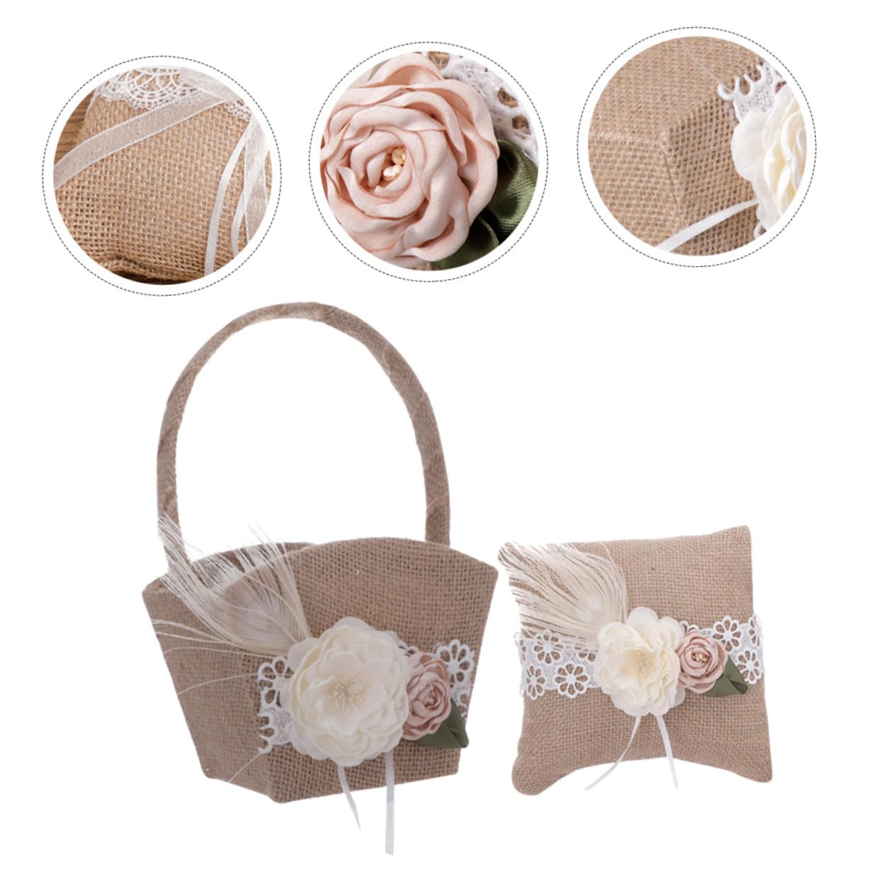 CLISPEED Ringkissen Blumenkorb Satz aus Leinen für Hochzeiten mit Künstlichen Blumen Robust und Dekorativ für Blumenmädchen bei Trauungen