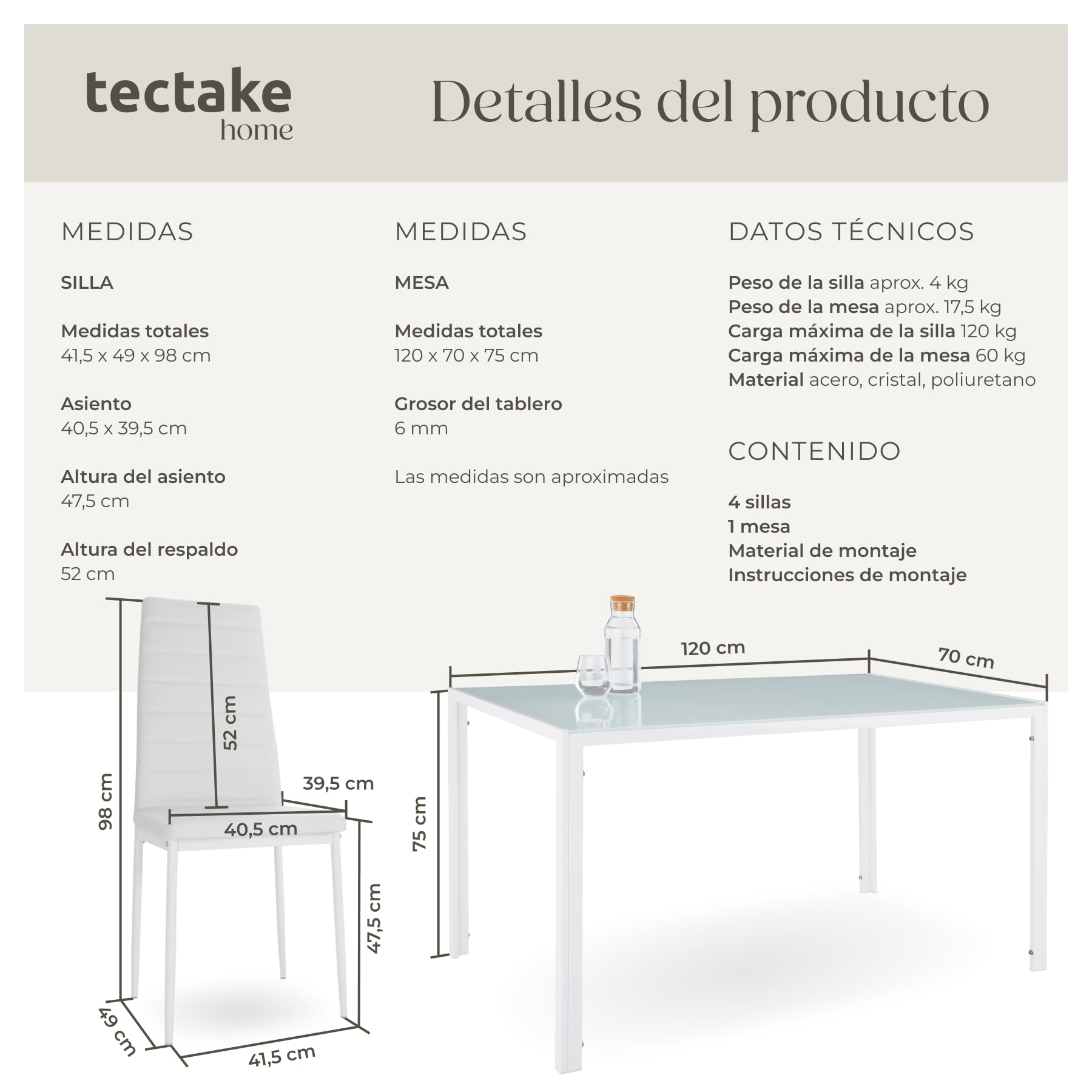 tectake Dining Table and Chairs Set, Safety Glass Table and 4 Upholstered Kitchen Chairs Faux Leather, Steel Frame, Dining Chairs, Kitchen Furniture Set – White — view 6