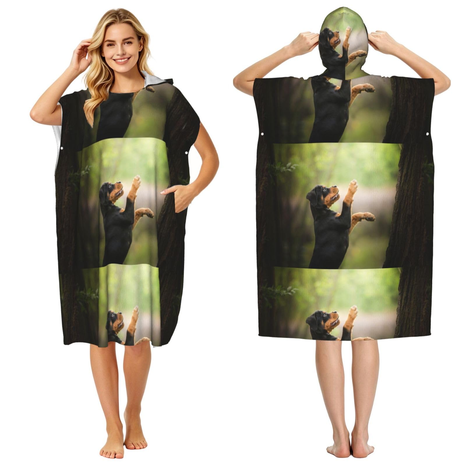 Poadnly Rottweiler Pets Puppy Dogs Bokeh, Adult Hooded Beach Towel 90 x 110 cm,Changing Bath Robe, Surf Poncho Towel For Women Men