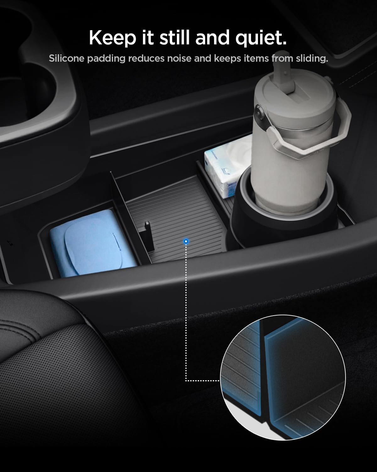 Spigen Tesla Model Y Juniper 2025 2026 (NUR Standard) Organizer für die untere Mittelkonsole mit Getränkehalter, Multifunktionale Aufbewahrungsbox, Premium-Innenraum-Zubehör für Tesla Model Y Juniper
