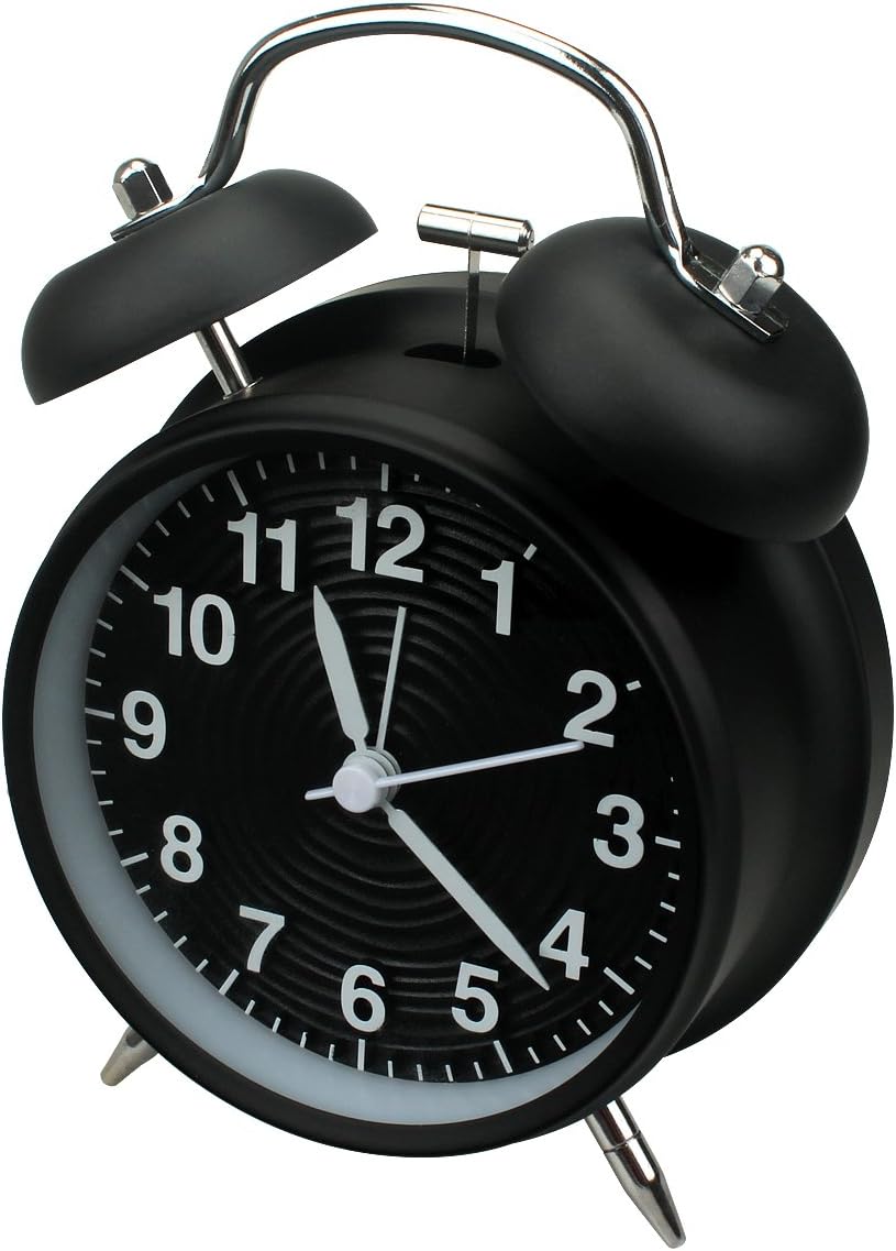 4” Twin Bell Alarm Clock Non Ticking, Battery Operated Old Fashioned Loud Alarm Clock with Nightlight for Bedrooms(Black)