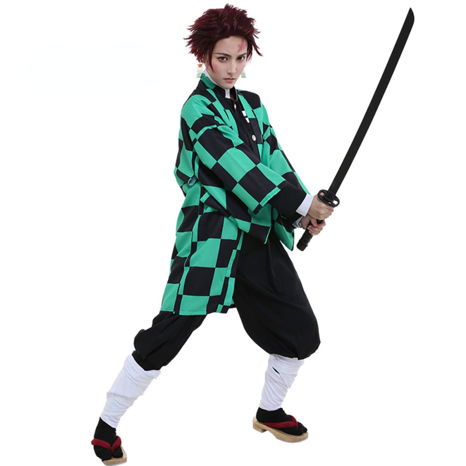 8 PCS Demon Slayer Cosplay Costume,Tanjiro Cosplay Costume set,Kimetsu no Yaiba Kamado Tanjiro Kimono set,Halloween Cosplay Uniform Jackets Earrings Outfit Set for Adults and Kids