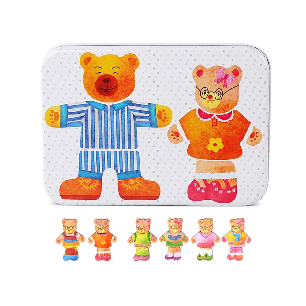 AMERTEER36Pcs Magnetic Wooden Bear Family Dress-Up Puzzle Box, Educational Magnetic Animal Toys Play Activity, Wooden Sorting and Matching Jigsaw Puzzle Toys for Boys and Girls Ages 3-6 (Papa Bear)