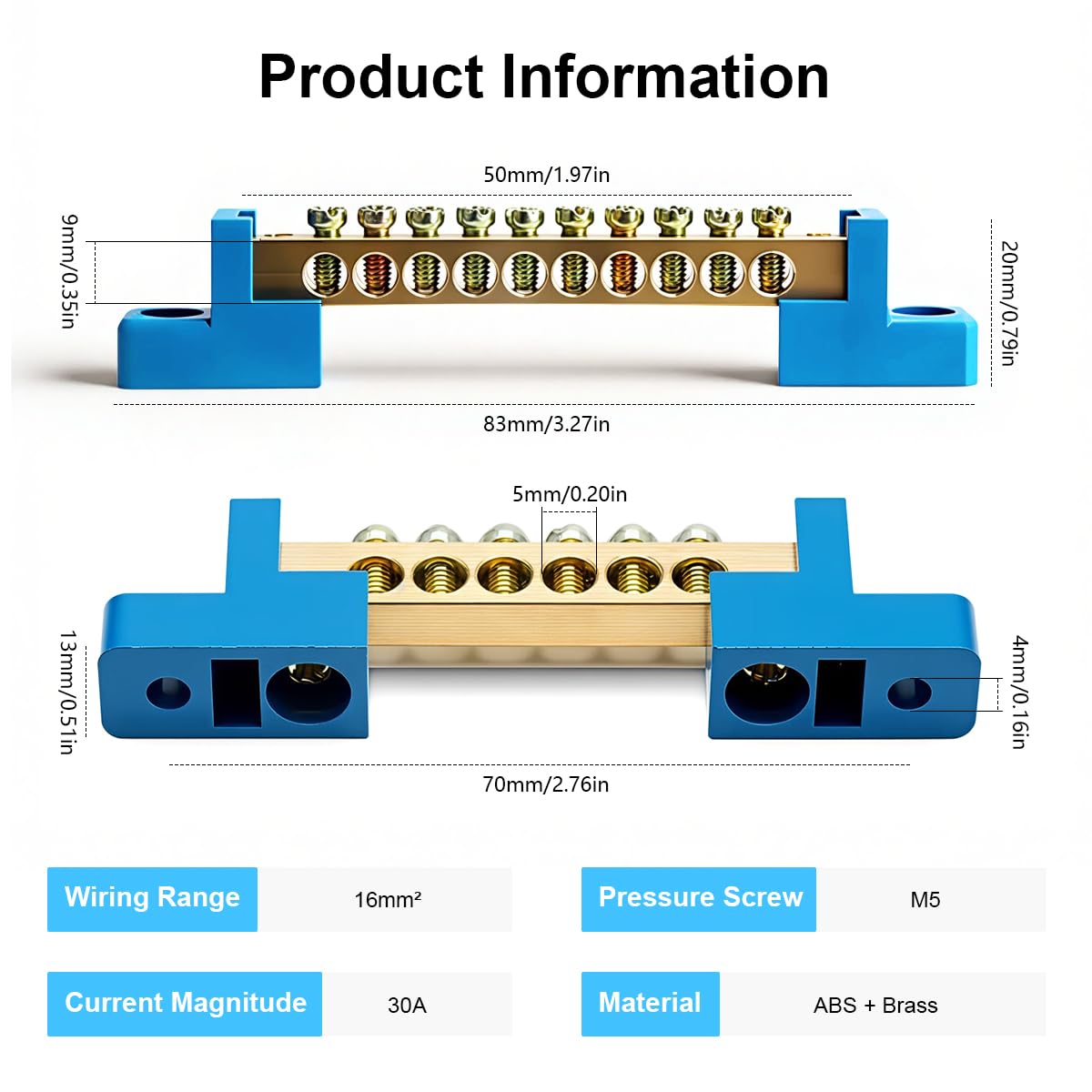 Serplex 2-Pack 30A Brass Bus Bar Terminal Block Screw Terminals 8x1.3x2.2cm — Amazon image 2