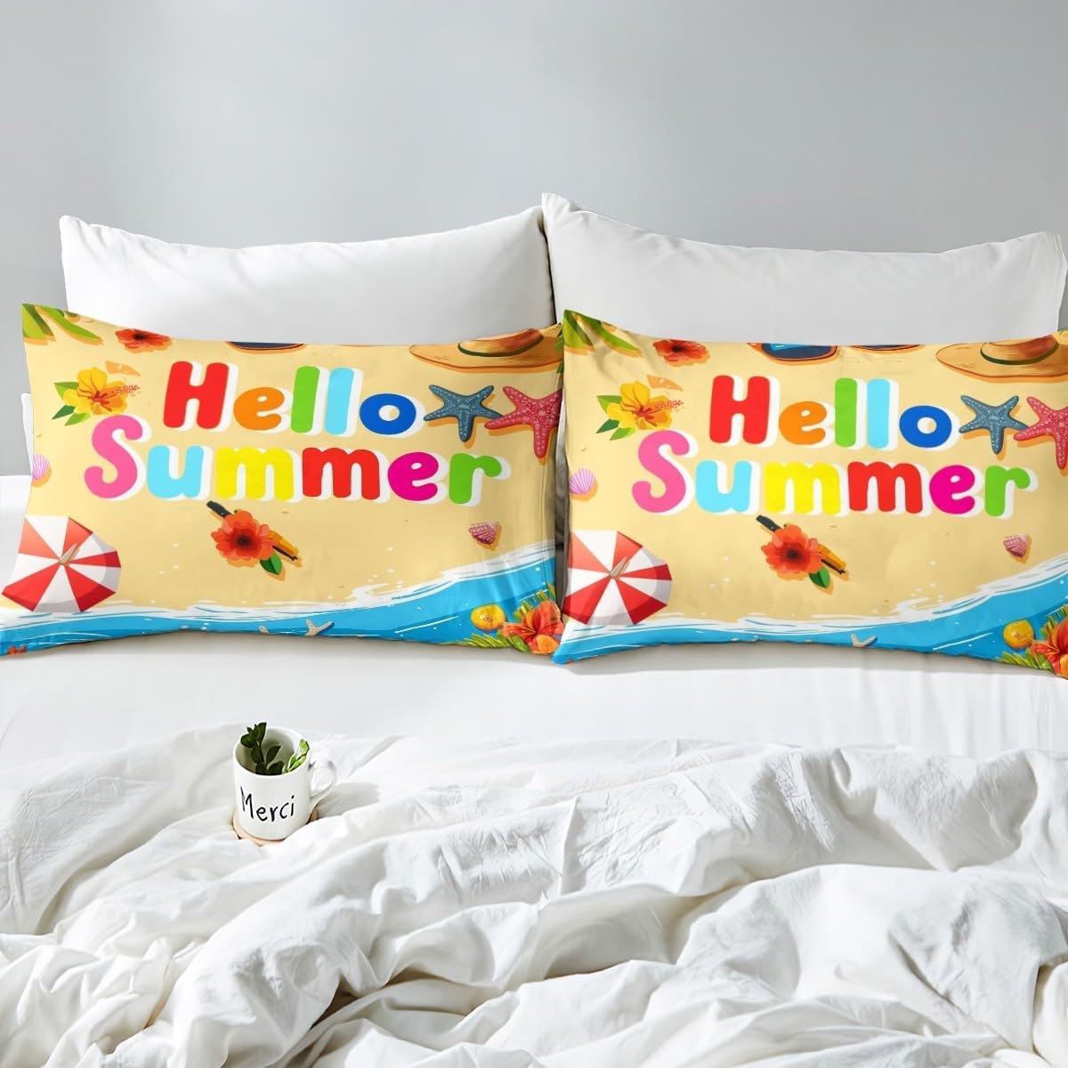Ocean Beach Duvet Cover Toddler Size Hawaiian Summer Comforter Cover for Teens Adults Kids Starfish Shell Sealife Bedding Set Tropical Flower Botanical 2 Pieces Decorative Bed Cover(No Comforter)